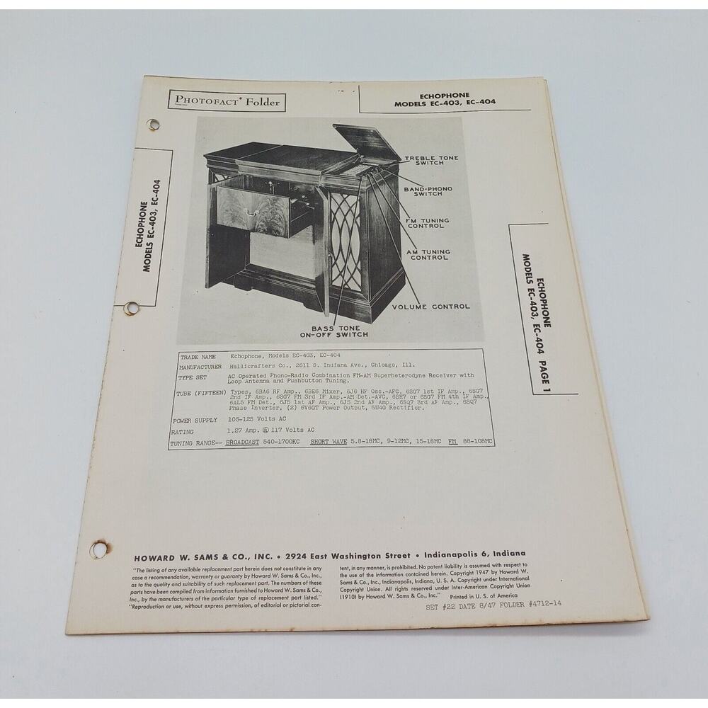VTG Howard Sams 1947 Radio Photofact Folder Echophone Models EC-403 EC-404